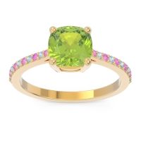 Peridot Ring In 14k Yellow Gold With Pink Tourmaline And Aquamarine Opaza Cushion Classic Ring
