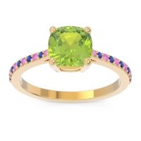 Peridot Ring In 14k Yellow Gold With Pink Tourmaline And Blue Sapphire Opaza Cushion Classic Ring