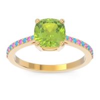 Peridot Ring In 14k Yellow Gold With Swiss Blue Topaz And Pink Tourmaline Opaza Cushion Classic Ring