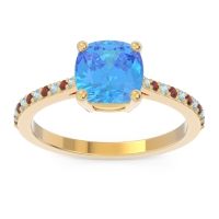 Swiss Blue Topaz Ring In 18k Yellow Gold With Aquamarine And Garnet Opaza Cushion Classic Ring