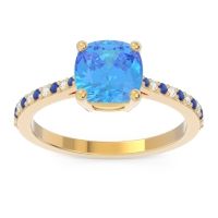 Swiss Blue Topaz Engagement Ring In 18k Yellow Gold With Blue Sapphire And Diamond - Opaza Cushion Classic Ring
