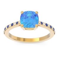Swiss Blue Topaz Ring In 18k Yellow Gold With Lab Diamond And Blue Sapphire Opaza Cushion Classic Ring