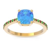 Swiss Blue Topaz Ring In 14k Yellow Gold With Emerald And Garnet Opaza Cushion Classic Ring
