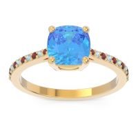 Swiss Blue Topaz Ring In 18k Yellow Gold With Garnet And Aquamarine Opaza Cushion Classic Ring