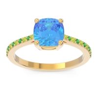 Swiss Blue Topaz Ring In 18k Yellow Gold With Peridot And Emerald Opaza Cushion Classic Ring