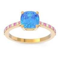 Swiss Blue Topaz Ring In 14k Yellow Gold With Pink Tourmaline And Lab Diamond Opaza Cushion Classic Ring
