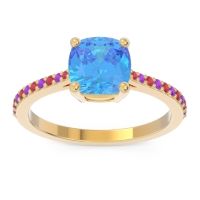 Swiss Blue Topaz Ring In 18k Yellow Gold With Ruby And Amethyst Opaza Cushion Classic Ring