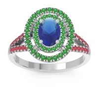 Blue Sapphire Ring In 14k White Gold With Emerald And Ruby Duli Oval Halo Ring