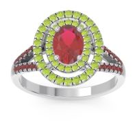 Ruby Ring In Palladium With Peridot And Garnet Duli Oval Halo Ring
