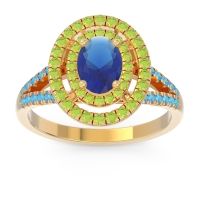 Blue Sapphire Ring In 14k Yellow Gold With Peridot And Swiss Blue Topaz Duli Oval Halo Ring
