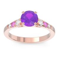 Amethyst Ring In 14K Rose Gold With Diamond And Pink Tourmaline Sari Round Classic Ring