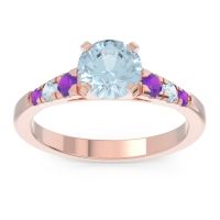 Aquamarine Ring In 14K Rose Gold With Amethyst Sari Round Classic Ring