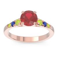 Lab Ruby Ring In 18K Rose Gold With Peridot And Blue Sapphire Sari Round Classic Ring