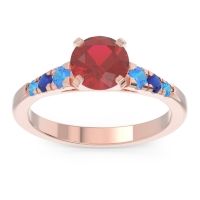 Lab Ruby Ring In 18K Rose Gold With Swiss Blue Topaz And Blue Sapphire Sari Round Classic Ring