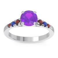 Amethyst Ring In Platinum With Garnet And Blue Sapphire Sari Round Classic Ring