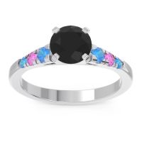 Black Onyx Ring In Palladium With Swiss Blue Topaz And Pink Tourmaline Sari Round Classic Ring