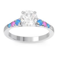 Lab Diamond Ring In Platinum With Swiss Blue Topaz And Pink Tourmaline Sari Round Classic Ring