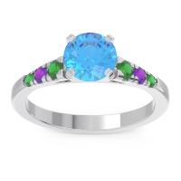 Swiss Blue Topaz Ring In 18k White Gold With Emerald And Amethyst Sari Round Classic Ring