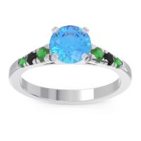 Swiss Blue Topaz Ring In 18k White Gold With Emerald And Black Onyx Sari Round Classic Ring