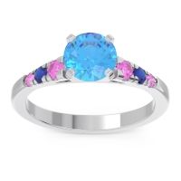 Swiss Blue Topaz Ring In Palladium With Pink Tourmaline And Blue Sapphire Sari Round Classic Ring