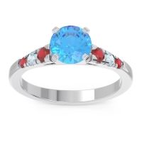 Swiss Blue Topaz Ring In Platinum With Ruby And Aquamarine Sari Round Classic Ring