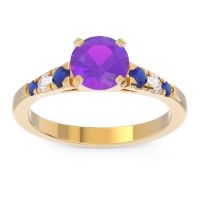 Amethyst Ring In 18k Yellow Gold With Blue Sapphire And Lab Diamond Sari Round Classic Ring