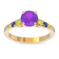 Amethyst Ring In 18k Yellow Gold With Peridot And Blue Sapphire Sari Round Classic Ring