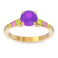 Amethyst Ring In 18k Yellow Gold With Peridot And Pink Tourmaline Sari Round Classic Ring