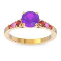 Amethyst Ring In 18k Yellow Gold With Ruby And Pink Tourmaline Sari Round Classic Ring