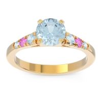 Aquamarine Ring In 14k Yellow Gold With Pink Tourmaline Sari Round Classic Ring