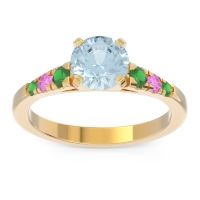 Aquamarine Ring In 14k Yellow Gold With Emerald And Pink Tourmaline Sari Round Classic Ring