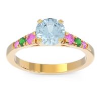 Aquamarine Ring In 14k Yellow Gold With Pink Tourmaline And Emerald Sari Round Classic Ring