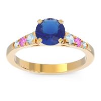 Lab Blue Sapphire Ring In 14k Yellow Gold With Aquamarine And Pink Tourmaline Sari Round Classic Ring