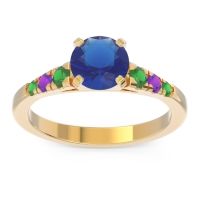 Lab Blue Sapphire Ring In 18k Yellow Gold With Emerald And Amethyst Sari Round Classic Ring