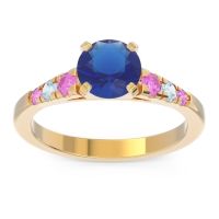Lab Blue Sapphire Ring In 18k Yellow Gold With Pink Tourmaline And Aquamarine Sari Round Classic Ring