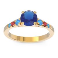 Lab Blue Sapphire Ring In 14k Yellow Gold With Swiss Blue Topaz And Ruby Sari Round Classic Ring