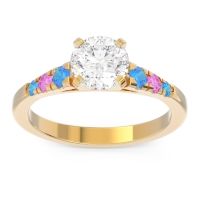 Lab Diamond Ring In 18k Yellow Gold With Swiss Blue Topaz And Pink Tourmaline Sari Round Classic Ring