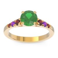 Lab Emerald Ring In 18k Yellow Gold With Garnet And Amethyst Sari Round Classic Ring