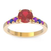 Lab Ruby Ring In 14k Yellow Gold With Amethyst And Blue Sapphire Sari Round Classic Ring