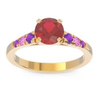 Lab Ruby Ring In 14k Yellow Gold With Amethyst And Pink Tourmaline Sari Round Classic Ring