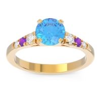 Swiss Blue Topaz Ring In 18k Yellow Gold With Diamond And Amethyst Sari Round Classic Ring