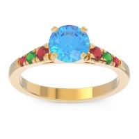 Swiss Blue Topaz Ring In 18k Yellow Gold With Ruby And Emerald Sari Round Classic Ring