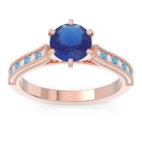 Lab Blue Sapphire Ring In 14K Rose Gold With Lab Diamond And Swiss Blue Topaz Samiti Round Antique Ring