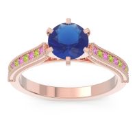 Lab Blue Sapphire Ring In 14K Rose Gold With Pink Tourmaline And Peridot Samiti Round Antique Ring
