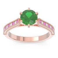 Lab Emerald Engagement Ring In 14K Rose Gold With Pink Tourmaline And Diamond - Samiti Round Antique Ring