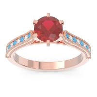 Lab Ruby Engagement Ring In 14K Rose Gold With Swiss Blue Topaz And Diamond - Samiti Round Antique Ring