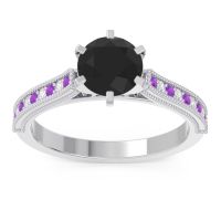 Black Onyx Engagement Ring In Palladium With Amethyst And Diamond - Samiti Round Antique Ring