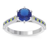 Lab Blue Sapphire Ring In Palladium With Peridot And Blue Sapphire Samiti Round Antique Ring