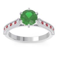 Lab Emerald Ring In 14k White Gold With Diamond And Ruby Samiti Round Antique Ring