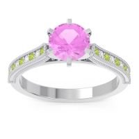Pink Tourmaline Engagement Ring In 14k White Gold With Peridot And Diamond - Samiti Round Antique Ring